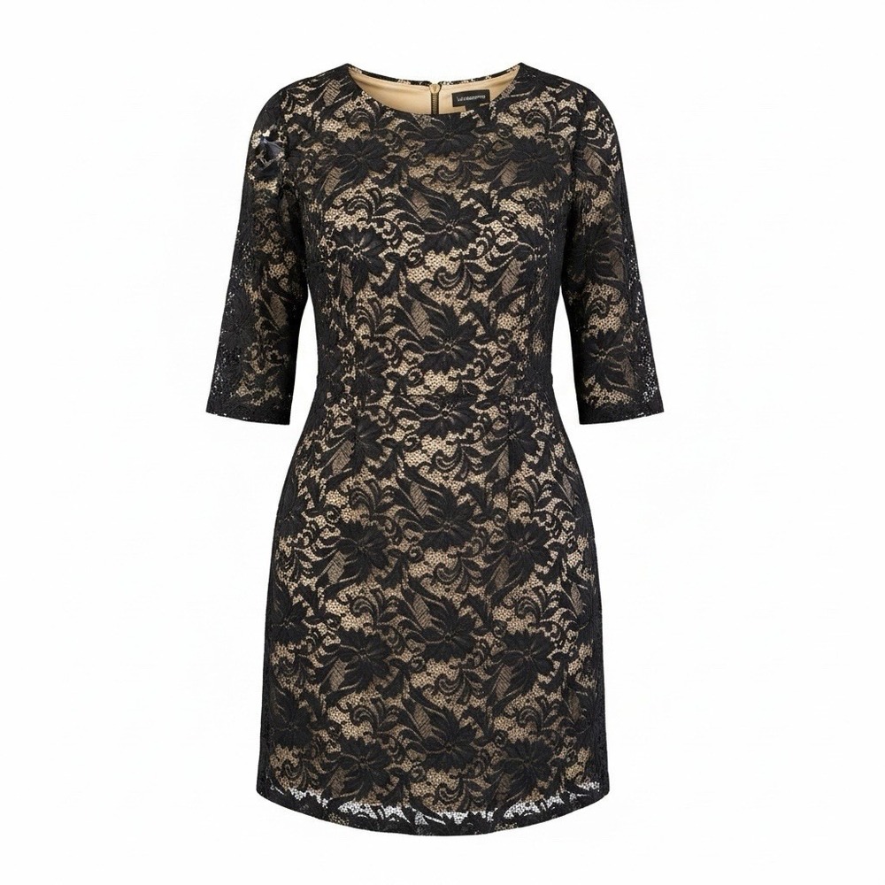 Liz Claiborne LaceDress Womens Sz 14 Black w/Nude Lining Knee Length 3/4 Sleeves